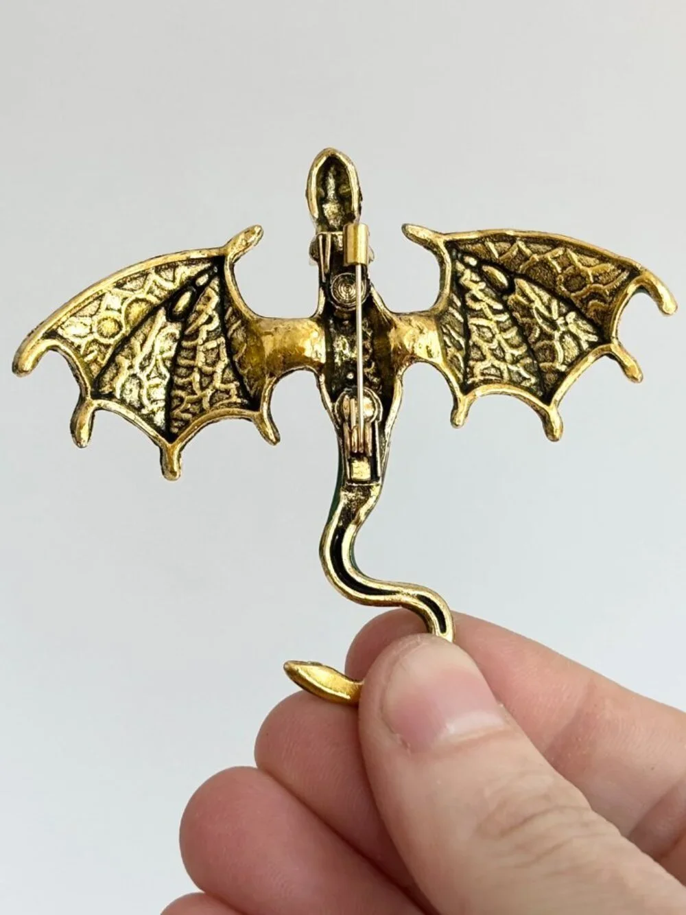 Dragon Figural Green Enameled Rhinestone Accented Gold Toned Brooch Pin